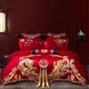 Algodão Chinês 100S Novo Casamento Conjunto de Quatro Peças Algodão Dragão Vermelho Grande e Bordado de Fênix Roupa de Cama de Casamento