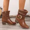 Botas Curtas de Salto Grosso, Botas Western Perfuradas, Fivela de Cinto Vazada, Sapatos Femininos de Tamanho Grande, Botas Franzidas, Zíper Lateral, Botas de Montaria Bico Redondo