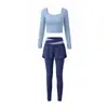 Conjunto de Yoga para Mujer Cuello Cuadrado Cropped Manga Larga Falso Dos Piezas Pantalones Largos Cintura Alta Levanta Glúteos Pilates Entrenamiento Ropa de Fitness Otoño