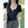 Playera Corta de Manga Corta con Hombro Derecho Ajustado y Sexy para Mujer Verano Diseño Simple con Botones Top Corto Adelgazante