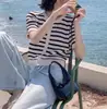 Cardigan de Punto con Rayas Azules y Blancas de Color Contrastante Estilo Coreano Suave para Mujer, Verano, Delgado, Seda de Hielo, Manga Corta, Hueco, Cuello Redondo