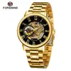 Nuevo Producto Forsining Reloj para Hombre Moda Casual Reloj Dorado Correa de Acero Reloj Mecánico Manual Hueco Venta al por Mayor