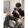 Camisa com Zíper Parcial no Ombro Direito para Homens, Camisa de Verão de Tecido Pesado com Manga Curta e Design de Rebite Estilo Americano