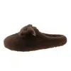 Chinelos peludos com laço doce em couro macio para mulheres, sapatos quentes de inverno para uso externo e no escritório, chinelos slip-on preguiçosos para mulheres