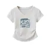 Camiseta de Manga Corta para Mujer con Diseño Plisado que Ceñe la Cintura, Estilo Verano, Modelo Nuevo, Cuello en V en el Hombro Derecho, Corte Ajustado, Top Versátil de Algodón Puro para Mujer