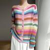 Cárdigan de Cachemira y Seda de Morera Reductor de Edad Rayas Arcoíris Nuevas Otoño e Invierno Suéter Chaqueta de Cuello Redondo Suave Cómodo para Mujer