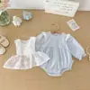 Conjunto Romper Listrado Dianxi Spring para Bebês e Crianças Pequenas, Conjunto Moderno de Duas Peças com Romper Colete Triangular e Saída de Praia para Meninas