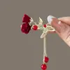 Pasador de Pelo Rojo Afelpado para Mujer, Accesorios para el Cabello de Alta Gama y Exquisitos, Tocado de Estilo Antiguo, Pin de Pato con Borla y Perla para Flequillo