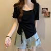 Tops Irregulares de Verano para Mujer de Talla Grande Transfronterizos, Adelgazantes y que Cubren la Carne, con Cuello Cuadrado, de Manga Corta para Gorditas, Camisas de Hombro Derecho para Mujer