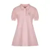 Estilo Menina Doce Picante Vestido Rosa com Gola Polo e Manga Bufante Feminino Verão Cintura Curta Slim Manga Curta