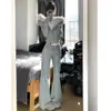 Calça Jogger Cinza Estilo Americano Flare para Mulheres, Novidade Outono 2025 Cintura Alta Slim Fit Perna Reta Flare