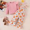 Comercio exterior transfronterizo Ropa infantil Europa y Estados Unidos Otoño e invierno Pit Strip Top de manga voladora Pantalones acampanados con tirantes estampados Traje infantil