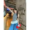 Top de tirantes de punto irregular con cuadros azules para mujer, primavera, diseño exterior, ajustado, sin mangas