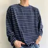 Camiseta listrada cinza claro de manga longa para homens, coleção de outono, com um estilo sofisticado e descontraído, perfeita como camada base ou para um visual clean e minimalista.