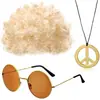 Conjunto de Fantasia Retro Disco de Halloween Peruca de Cabelo Grande Óculos de Sol Barba Colar DISCO Adereços de Festa