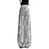 Calça Casual Estampada em Cetim de Seda, Estilo Preguiçoso Vintage, Calça Wide-Leg Azul e Branca de Porcelana para Mulheres, Tamanho Plus, Cintura Alta, Emagrecedora, Calça de Comprimento Total