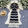 Vestido de punto a rayas de lujo ligero de alta gama para mujer, de verano, con cuello en V, calado, fino, transpirable, diseño ajustado, vestido largo