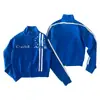Chaqueta Casual Urbana Americana con Cuello Alto y Cremallera para Hombres y Mujeres con Bordado de Letras y Patchwork de Rayas, Sensación de Alta Gama
