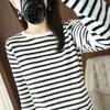 Suéter de punto de algodón puro para otoño e invierno, cuello redondo, rayas, dobladillo enrollado, para mujer, camiseta de manga larga 100% algodón, top base de ajuste holgado