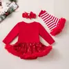 Venta directa de fábrica vestido navideño para niña pequeña enterizo de malla con lentejuelas de manga larga para bebé con diadema y calentadores de piernas conjunto