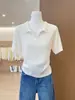 Camisa de Tricô Manga Curta Gola Polo Verde Claro Estilo Old Money para Mulheres, Top Curto Elegante Slim Fit Respirável de Seda Gelada para o Verão
