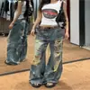 Jeans anchos retro americanos rasgados para mujer, de verano, tiro alto, hasta el suelo, estilo páramo desgastado, pantalones rectos holgados de algodón