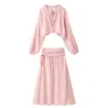 Atacado transfronteiriço 2026 Moda europeia casual solta renda amarração gola alta camisa + conjunto de saia curta feminino M6124