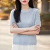 Camiseta de Punto Jacquard Redonda de Manga Corta Estilo Francés Elegante para Mujer, Nuevo Modelo 2026, Cómoda, Transpirable, Adelgazante y Elegante