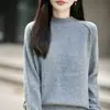 Suéter casual de lã cinza para mulheres com gola semi-alta, fio floral, caimento solto, top de tricô, novo estilo outono/inverno