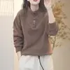 Moletom térmico canelado de 260g para mulheres, novo estilo outono e inverno 2026, gola alta com botões, tamanho grande, blusa quente de manga comprida