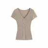 Suuuicee Zhi Xi Eonni Tricô com Renda Ponto Duplo Alternado Pura Desejo Slim Fit Manga Curta Camiseta de Tricô