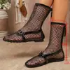 Sandalias de rejilla para mujer estilo europeo y americano, con diseño calado, cierre de hebilla, suela plana, altura hasta la pantorrilla y malla transpirable, perfectas para el verano.