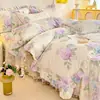 Juego de falda de cama de cuatro piezas 100% algodón con encaje y estampados florales, estilo princesa, para camas individuales y dobles, funda nórdica 1.8m juego estilo falda de cama de algodón puro