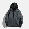 Jaqueta corta-vento falsa de duas peças com zíper duplo, jaqueta com capuz estilo workwear americano, peça de outer wear da moda com corte solto para outono/inverno, masculina e feminina