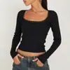Ropa para Mujer Europea y Americana 2026 Nuevo Top Corto de Color Sólido con Lazo y Encaje Camiseta Moda Versátil Top de Manga Larga Ajustado para Mujer