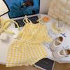 Conjunto Infantil de Suspensório de Duas Peças para Meninas, Vestido de Verão Xadrez com Colete de Borboleta para Meninas, Estilo Fashion