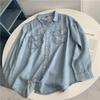 Camisa Jeans Lavado Retrô Americana para Mulheres 2025 Outono Solta Casual Azul Top Jaqueta Camisa de Manga Comprida para Mulheres