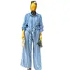 Moda Femenina Transfronteriza Europea y Americana Primavera 2026 Nuevo Elegante Conjunto de Camisa Larga Azul a Rayas y Pantalones de Pierna Ancha