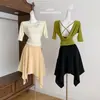 Camiseta Shan Ye Mu Ge de Lyocell com Gola Redonda de Alta Elasticidade e Manga Três Quartos Feminina para Primavera Verão Top Emagrecedor