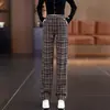 Calça Feminina de Xadrez com Cordão e Perna Larga 2026 Outono Cintura Alta Cintura Elástica Xadrez Retrô Perna Reta Caimento Casual Longa