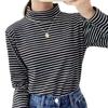 Camisa de terciopelo de doble cara con hombros descubiertos, holgada, de cuello alto, para mujer, de otoño e invierno, a rayas, estilo coreano, cálida, de manga larga
