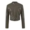 Chaqueta de Cuero Corta Estilo Motocicleta Retro con Cuello Alto para Mujer 2026 Otoño Nueva Chaqueta Top Versátil Favorecedora y Adelgazante