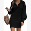 Vestido Suéter de Estilo Europeo y Americano para Mujer de Amazon, Vestido Suéter de Longitud Media con Cuello Solapa, Mangas de Linterna, Vestido Largo de Punto de Color Sólido, Estilo Europeo y Americano