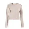 Ombigo Pequeno Gola Fio Faixa de Buraco Manga Longa Slim Fit Curto Cintura Alta Cor Sólida Camisa Básica Feminina Camiseta Top