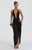 Conjunto de traje de baño de una pieza sexy y llamativo para mujer, con cuello halter, escote en V profundo, detalles metálicos, diseño recortado y malla transparente