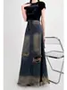Vestido de mezclilla desgastado con agujeros, rozaduras, estilo retro antiguo para mujer, primavera y verano, nuevo 2025, cintura alta, adelgazante, falda de línea A.