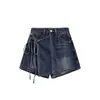 Falda de Mezclilla Falsa de Dos Piezas para Mujer, Verano 2025, Shorts de Falda Irregular con Lazo de Cintura Alta para Chicas Petites, Pantalones Cortos de Línea A