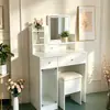 Gabinete con Espejo y Múltiples Compartimentos para Almacenamiento de Gran Capacidad, Tocador Integrado de Color Crema con Taburete a Juego, Ahorrador de Espacio para el Dormitorio