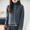 Cárdigan de punto de moda para mujer con bloques de color, cuello alto, múltiples botones, cuello semi-alto, corte holgado y mangas largas, perfecto para otoño e invierno.