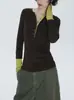 Camiseta de Manga Larga con Bloques de Color de Dos Piezas Falsas/Top Exterior/Camisa Base Ajustada ANNACIHC